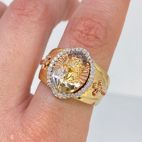 Anillo Jesus Diamantado Circones Blancos Tres oros 18k / Talla 9 3/4 / 7,92 Gr *