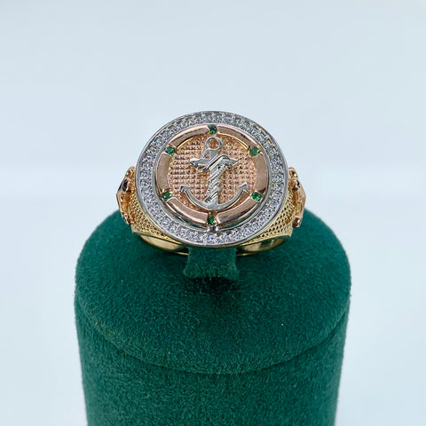 Anillo Ancla Circones Verdes y Blancos Tres Oros 18k / Talla 9 3/4 / 9,59 Gr