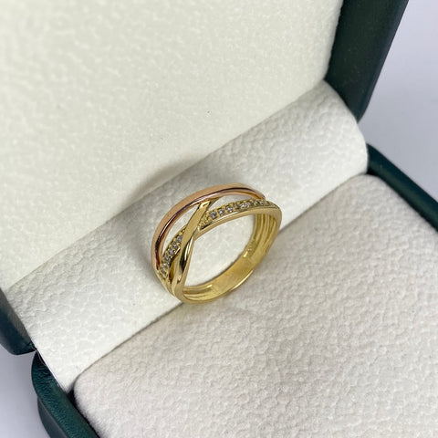 Anillo Entrelazado Circones Blancos Oro amarillo y Oro rosa 18k / Talla 6 3/4 / 3,28 Gr