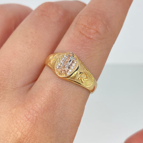 Anillo Virgen Guadalupe Estrella Circones Blancos Tres oros / Talla 9 1/2 / 3,7 Gr †
