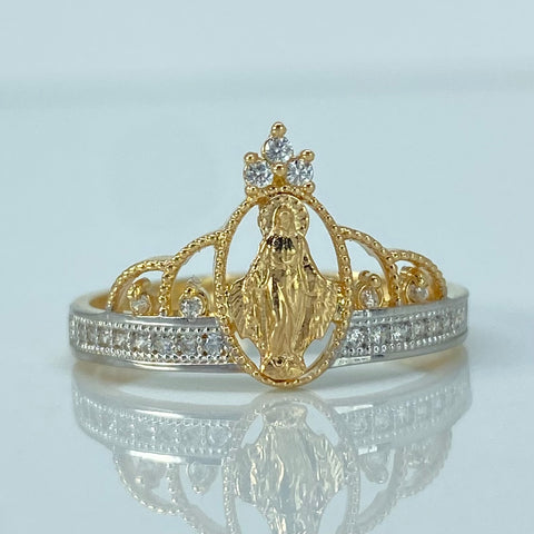 Anillo Virgen Milagrosa Circones Blancos Oro amarillo y Oro blanco / Talla 7 3/4 / 2,45 Gr *
