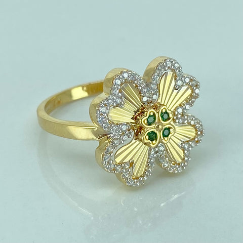 Anillo Trebol Circones Blancos Verdes Oro amarillo / Talla 7 3/4 / 4,2 Gr