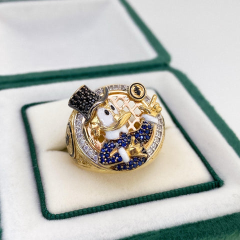 Anillo Caricatura Pato Signo $ Circones Blancos Azules Y Negros Oro amarillo y Oro blanco 18k / Talla 10 / 15,39 Gr *