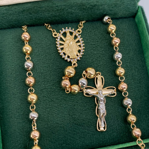 Rosario Vigen Del Carmen Bolas Lisas 6mm Circones Blancos Tres oros 18k 20,55 Gr / 5 mm / 65 Cm *