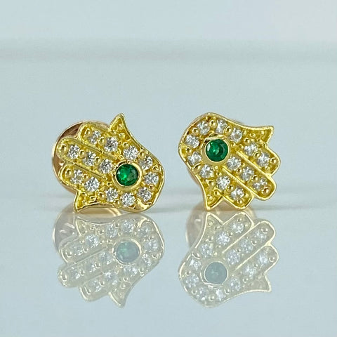Topos Mano Hamsa Circones Blancos Verdes Oro amarillo 18k 1,15 Gr / 7,4 mm  †