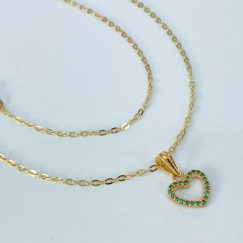 Set Cadena ● Rolon + Dije Corazon Circones Verdes Oro amarillo 18k 1,58 Gr / 1,5 mm / 50 Cm *