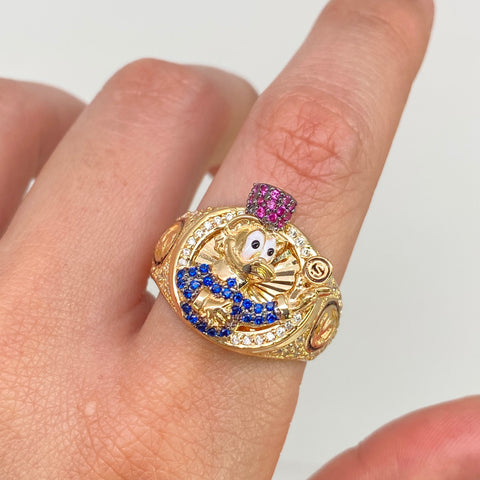 Anillo Pato Caricatura Circones Blancos Azules Y Fucsias Oro amarillo 18k / Talla 11 3/4 / 8,35 Gr *