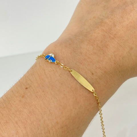 Pulso bebé ● Placa Ovalada Carro Azul Aro Seguido Oro amarillo 18k +3 / 1,32 Gr / 2 mm / 14 Cm *