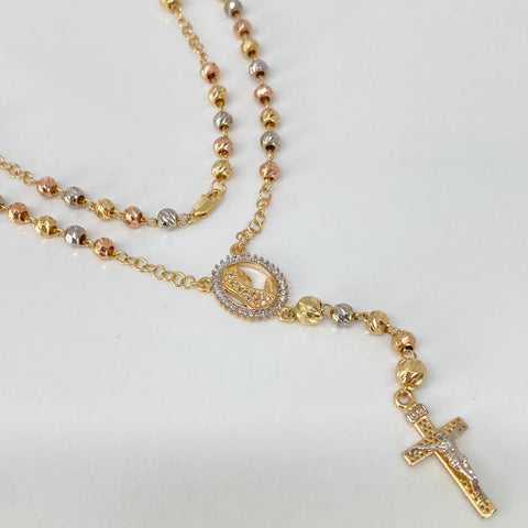 Rosario Virgen Maria Circones Blancos / Bolas Diamantadas 5/4mm Tres oros 18k 11,12 Gr / 55 Cm †