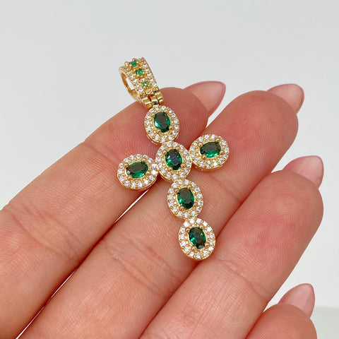 Dije Cruz Grande Circones Verdes Y Blancos Oro amarillo 18k 5,47 Gr / 4,1 Cm †