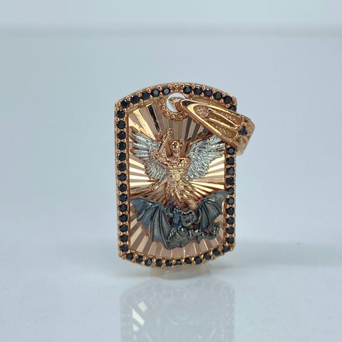 Dije San Miguel Arcangel Circones Negros Oro blanco y Oro rosa 4,5 Gr / 3 Cm