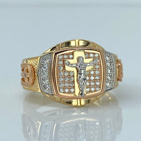 Anillo Cuadro Central Cruz Cristo Circones Blancos Tres oros 18k / Talla 10 1/4 / 8,80 Gr