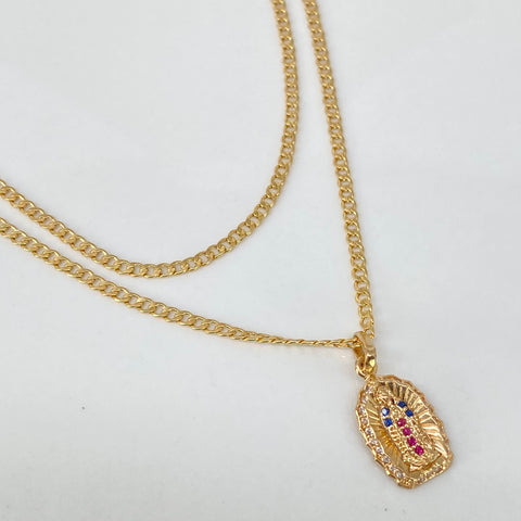 Set Cadena ● Cubana + Dije Virgen Guadalupe Azul Oro amarillo 18k 2,95 Gr / 2 mm / 45 Cm *