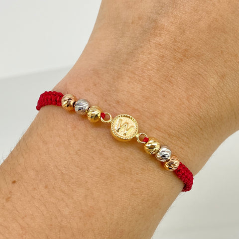 Pulsera tejida Herraje Letra W / BD 6uni 5mm / Hilo Rojo Tres oros 18k 1,12 Gr *