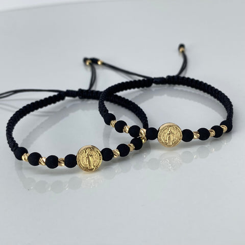 Pulsera tejida Pareja Herraje San Benito / BD 8uni 3mm / Hilo Negro Neoprenos Oro amarillo 1,25 Gr †