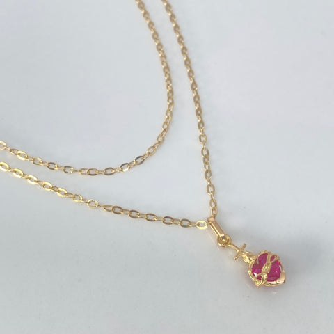 Set Cadena ● Rolon + Dije Sagrado Corazon Fucsia Oro amarillo 18k 1,3 Gr / 1,5 mm / 45 Cm †