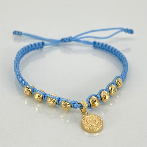Pulsera tejida Dije Letra O / BD 8uni 5mm / Hilo Celeste Oro amarillo 18k 1,22 Gr *