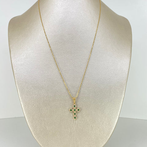 Set Cadena ● Mini Militar + Dije Cruz Circones Verdes Oro amarillo 18k 3,3 Gr / 1 mm / 45 Cm