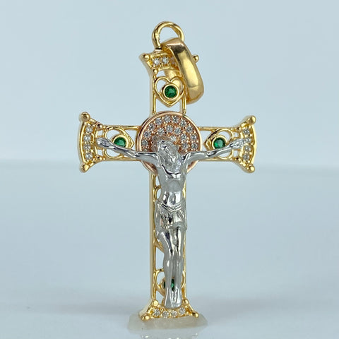 Dije Cruz Cristo Circones Blancos Verdes Tres oros 18k 6,63 Gr / 4,7 Cm  *