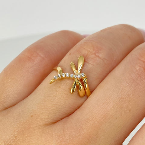Anillo Libelula Circones Blancos Oro amarillo 18k / Talla 6 1/4 / 1,75 Gr *
