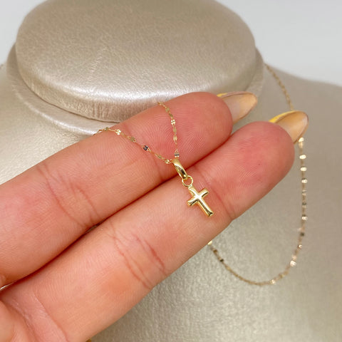 Set Cadena ● Crispeta + Dije Cruz Oro amarillo 18k 0,55 Gr / 1 mm / 45 Cm †