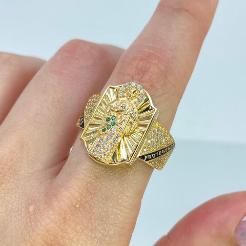 Anillo San Judas Tadeo Circones Blancos Verdes Oro amarillo 18k / Talla 10 1/2 / 9,83 Gr †