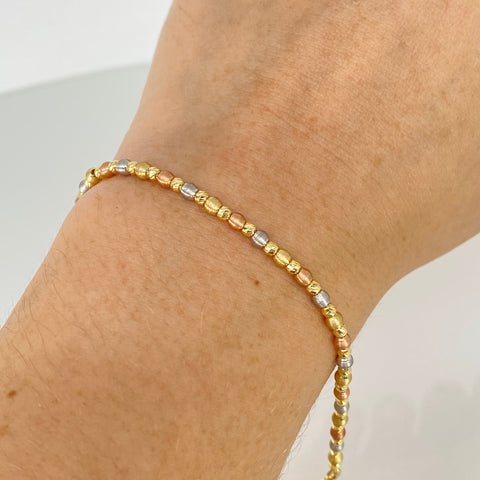 Pulso ● Bolas Diamantadas ESP Tres oros 18k +3 / 3,15 Gr / 3 mm / 17,8 Cm *