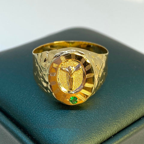 Anillo Cristo Fondo Diamantado Circón  Verde Oro amarillo 18k / Talla 11 1/2 / 3,72 Gr