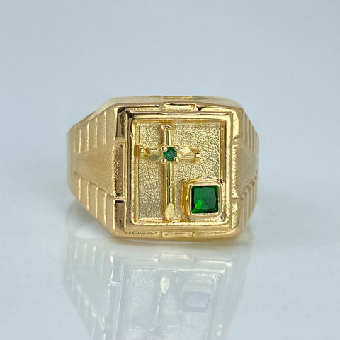Anillo Sello Cruz Circones Verdes Oro amarillo / Talla 9 1/2 / 3,1 Gr