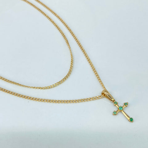 Set Cadena ● Cubana + Dije Cruz Esmeralda Oro amarillo 18k 1,75 Gr / 1,5 mm / 45 Cm *