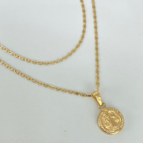 Set Cadena ● Plana + Dije San Benito Tres oros 18k 2,84 Gr / 1,3 mm / 60 Cm †
