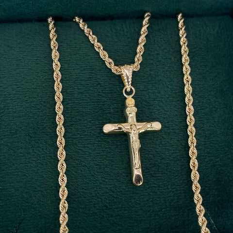 Set Cadena ● Lazo + Dije Cruz Cristo Oro amarillo 18k 4,25 Gr / 2 mm / 60 Cm *