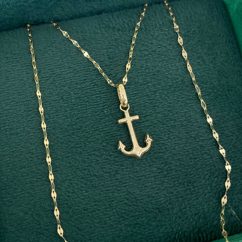 Set Cadena ● Flor Espejo + Dije Ancla Oro amarillo 18k 1,38 Gr / 1,1 mm / 50 Cm *