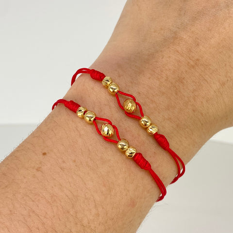 Parejas Pulsera tejida Bolas Lisas 2uni 4mm Bolas Diamantadas 3uni 3/4mm / Hilo Rojo Oro amarillo 18k 1,0 Gr *