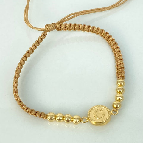 Pulsera tejida Herraje Letra C / BL 8uni 4mm / Hilo Beige Oro amarillo 18k 1,32 Gr *
