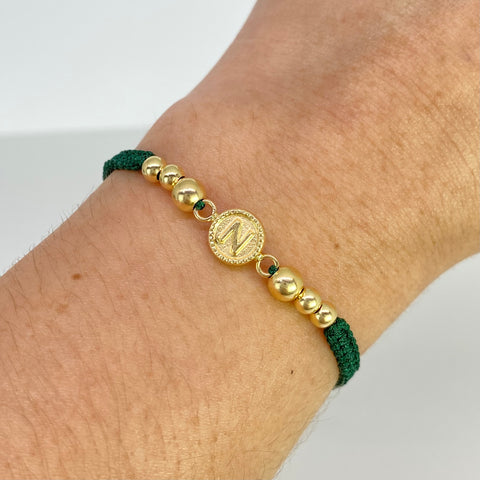 Pulsera tejida Herraje Letra N / BL 6uni 5mm 4mm / Hilo Verde Oro amarillo 18k 1,0 Gr *