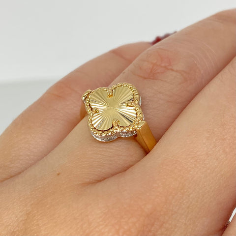 Anillo Trebol Diamantado Articulable Circones Blancos Tres oros 18k / Talla 5 / 3,5 Gr *