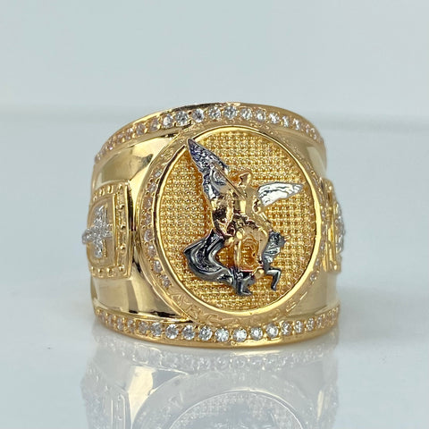Anillo San Miguel Arcangel / Cruz Laterales Circones Blancos Oro amarillo y Oro blanco 18k / Talla 12 / 10,73 Gr *