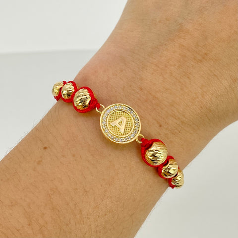 Pulsera tejida Herraje Letra A Circones Blancos / BD 8uni 8/7/6/5mm / Hilo Rojo Oro amarillo 18k 3,17 Gr *