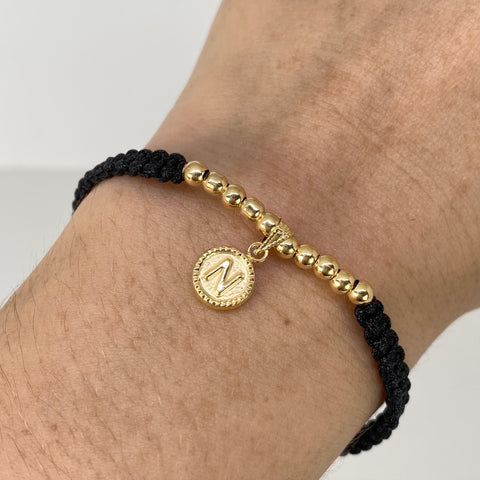 Pulsera tejida Dije Letra N / BL 10uni 3mm / Hilo Negro Oro amarillo 18k 0,95 Gr †