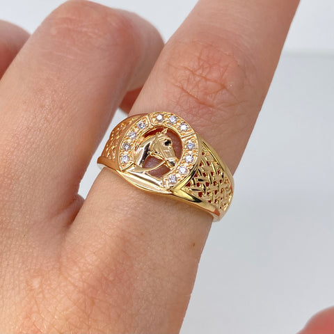 Anillo Caballo Circones Blancos Negro Oro amarillo / Talla 8 1/2 / 4,25 Gr