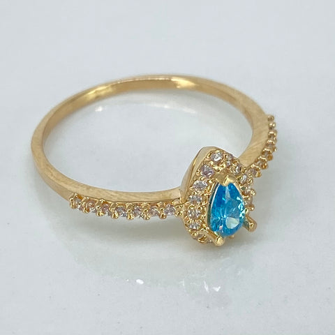 Anillo Solitario Gota Circones Azul Cielo Y Blancos Oro amarillo 18k / Talla 7 / 1,85 Gr †