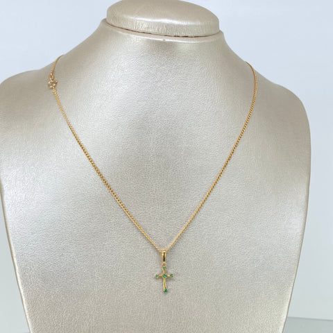Set Cadena ● Cubana + Dije Cruz Esmeralda Oro amarillo 18k 1,75 Gr / 1,5 mm / 45 Cm *