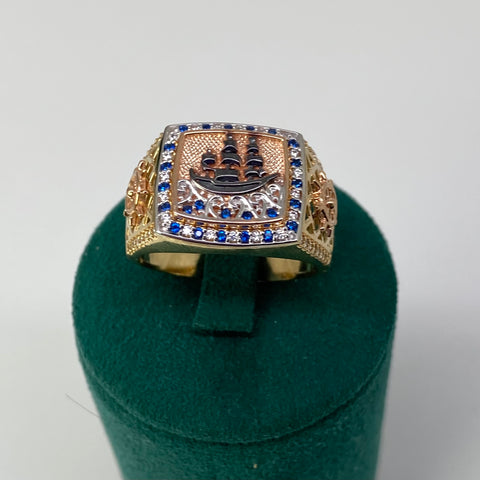 Anillo Barco Timón Circones Blancos Y Azules Tres oros 18k / Talla 10 1/2 / 8,41 Gr
