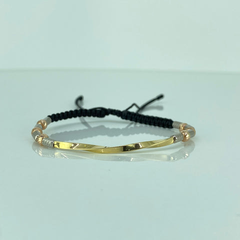 Pulsera tejida Tubo Entorchado BD 4mm 6uni Cilindro 6uni Hilo Negro Tres oros 18k 1,6 Gr *