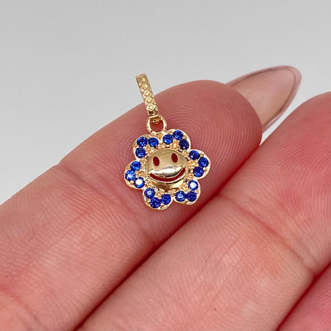 Dije Flor Carita Feliz Circones Azules Oro amarillo 0,55 Gr / 1,5 Cm