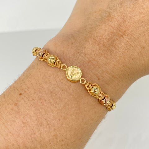 Pulsera tejida Herraje Letra V / BD 6uni 5mm / Hilo Beige Oro amarillo y Oro rosa 18k 0,97 Gr *
