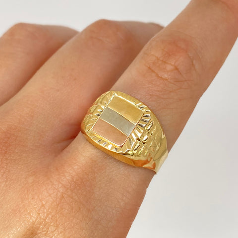 Anillo Sello Tres Lineas Tres oros 18k / Talla 11 / 3,1 Gr *