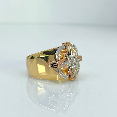 Anillo Brujula Cuadro Circones Blancos Tres oros 18k / Talla 10 / 10 Gr †