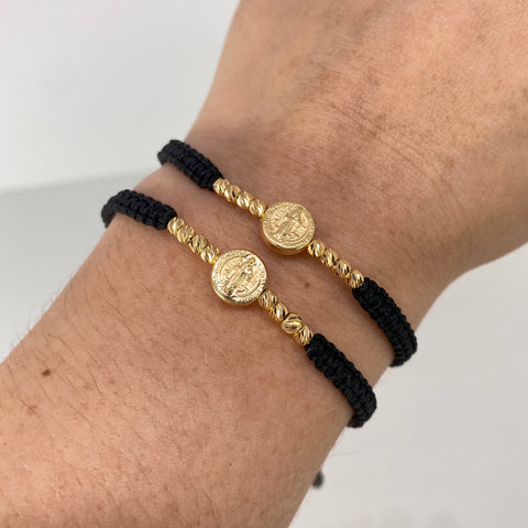 Pulsera tejida Pareja San Benito / BD 8uni 3mm / Hilo Negro Oro amarillo 1,25 Gr *